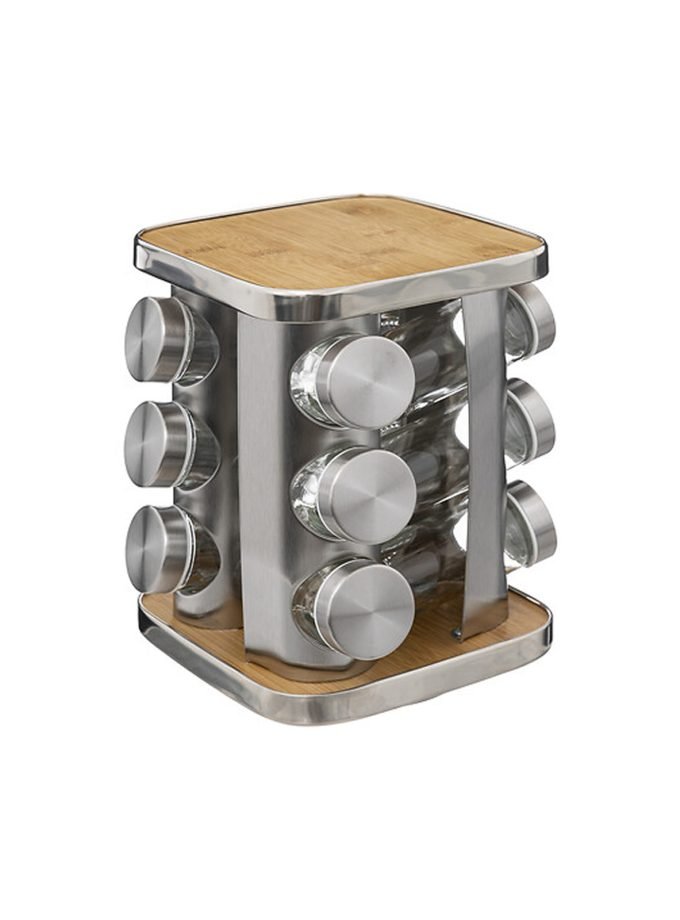 TKS - Revolving SS & Bamboo Spice Rack 12 Jars